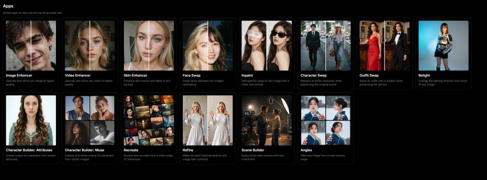 Mage Apps grid showing Image Enhancer, Face Swap, Inpaint, Character Swap, Outfit Swap, Relight, Scene Builder, Angles and more