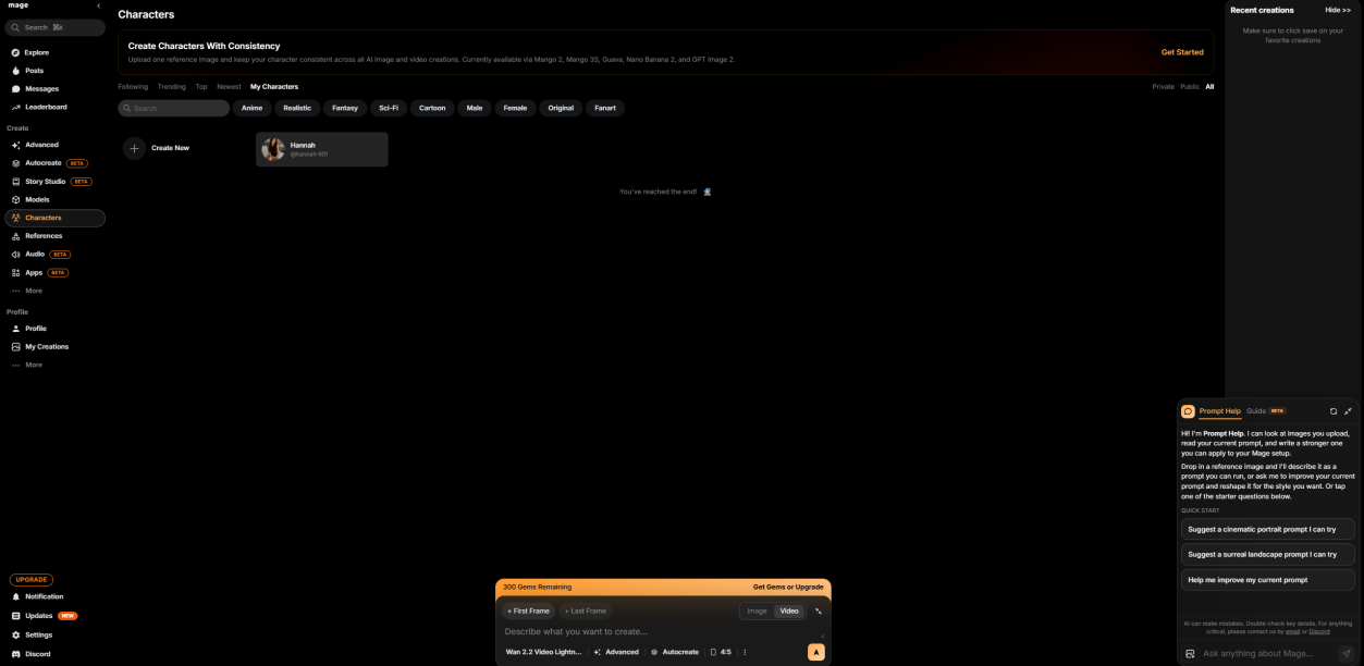 Mage interface - the Characters dashboard with a left sidebar, tag filters, a created character, the Prompt Help assistant and a prompt bar