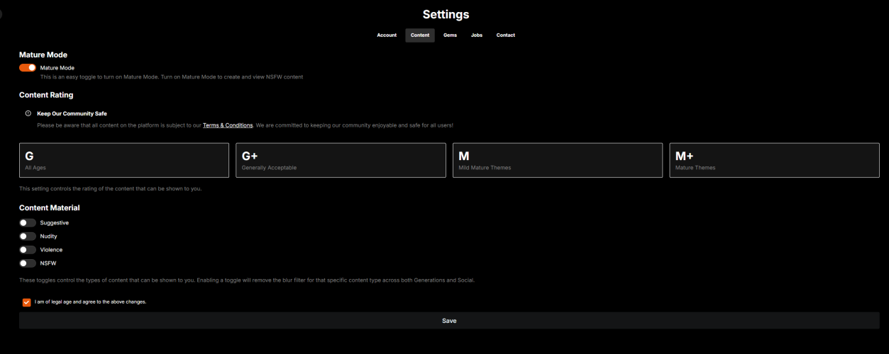 Mage Settings Content page: a Mature Mode toggle, content ratings G / G+ / M / M+, toggles for Suggestive, Nudity, Violence and NSFW, and a legal-age agreement checkbox