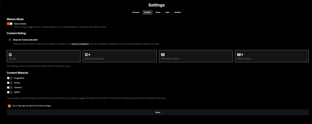 Mage Settings Content page: a Mature Mode toggle, content ratings G / G+ / M / M+, toggles for Suggestive, Nudity, Violence and NSFW, and a legal-age agreement checkbox