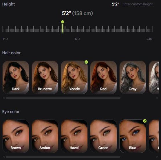 Pantalla del creador de personajes de Nastia AI: un slider de altura más filas de selección de color de pelo y color de ojos