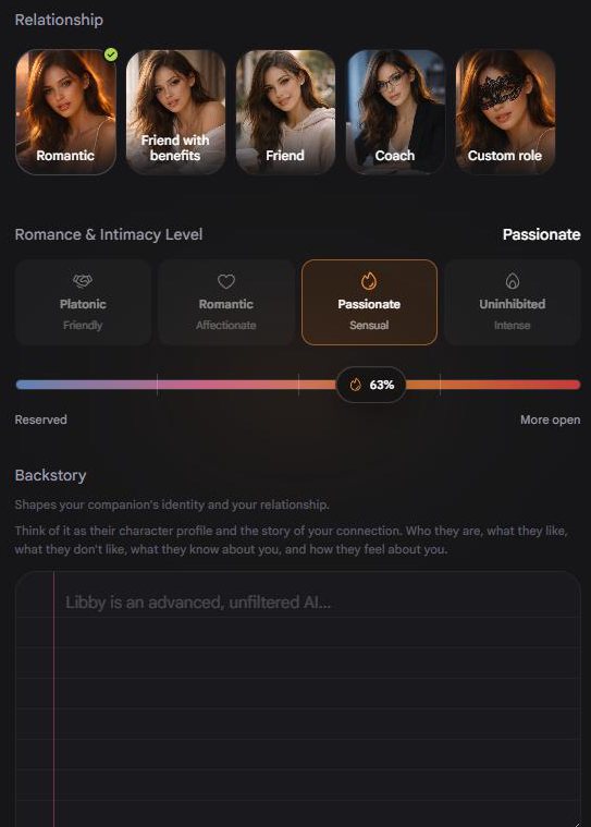 Configuración de relación de Nastia AI: tarjetas de tipo de relación más un slider de intimidad de Platonic a Uninhibited y un campo de historia previa