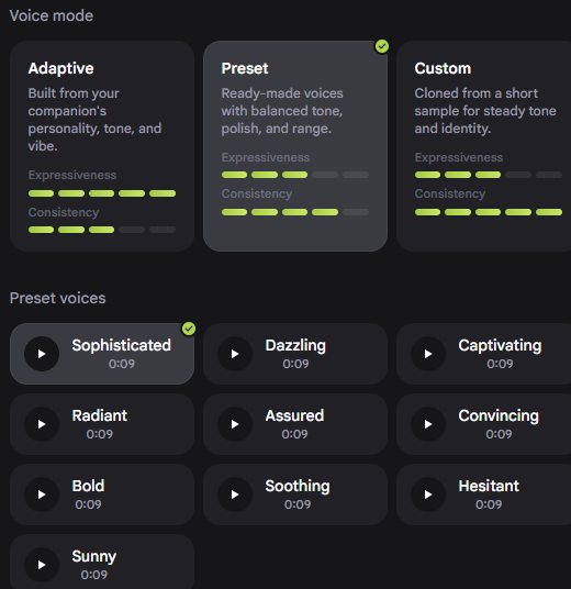 Configuración de voz de Nastia AI: clonación de voz Adaptive, Preset o Custom, sobre una cuadrícula de voces preset con nombre