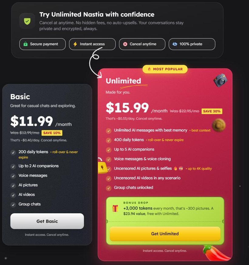Página de precios de Nastia AI: Basic $11.99 al mes con 200 tokens diarios frente a Unlimited $15.99 al mes con 400 tokens diarios más un bono mensual de 3.000 tokens
