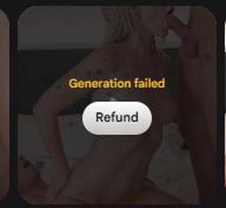 Pantalla real de Nastia AI que muestra una generación fallida etiquetada Generation failed con un botón Refund manual que el usuario debe pulsar para recuperar sus 180 tokens