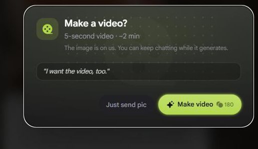 Aviso "Make a video?" dentro del chat de Nastia AI cobrando 180 tokens por un clip de 5 segundos