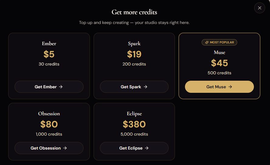 Modal de precios "Get more credits" de SecretFlame: Ember $5 por 30 créditos, Spark $19 por 200, Muse $45 por 500 (más popular), Obsession $80 por 1.000, y Eclipse $380 por 5.000