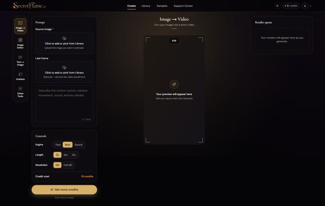 Estudio Image-to-Video de SecretFlame: barra lateral izquierda con Image-to-Video, Image Editor, Text-to-Image, Undress y Other Tools; una columna de prompt e imagen de origen; una vista previa 9:16; una cola de render; y controles de Engine, Length y Resolution