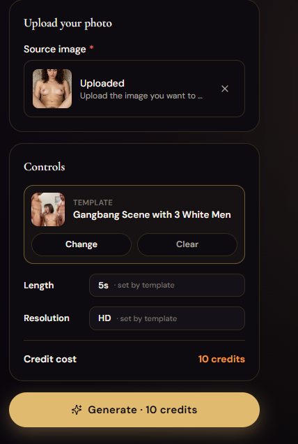 Pantalla de generación por plantilla de SecretFlame: una imagen de origen desnuda subida más una plantilla seleccionada llamada "Gangbang Scene with 3 White Men", puesta a 5s HD por 10 créditos