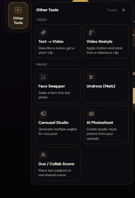 Pannello Other Tools di SecretFlame con sette strumenti: Text-to-Video, Video Restyle, Face Swapper, Undress (Male), Carousel Studio, AI Photoshoot e Duo/Collab Scene