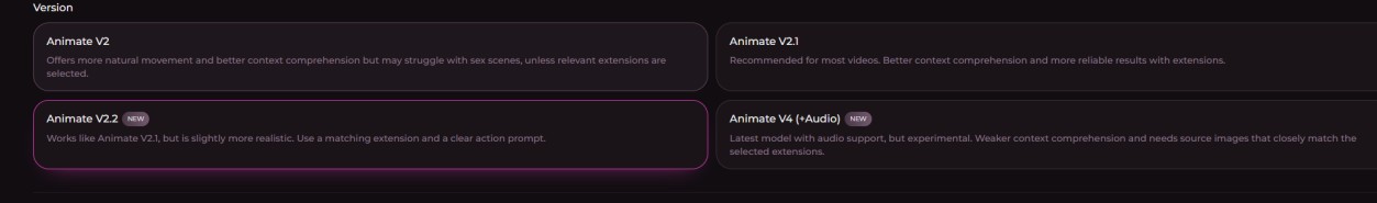Seduced AI Animate engine selector showing V2, V2.1, V2.2 and V4 (+Audio) options