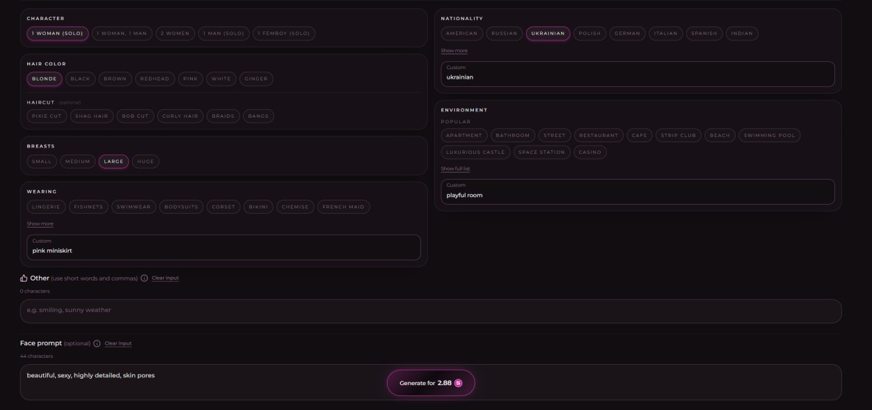 Seduced AI simplified builder with selectors for character, hair colour, breasts, wearing, nationality and environment