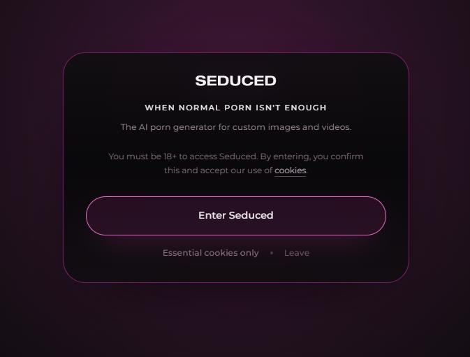 Seduced AI entry splash reading 'WHEN NORMAL PORN ISN'T ENOUGH - The AI porn generator for custom images and videos' with an Enter button