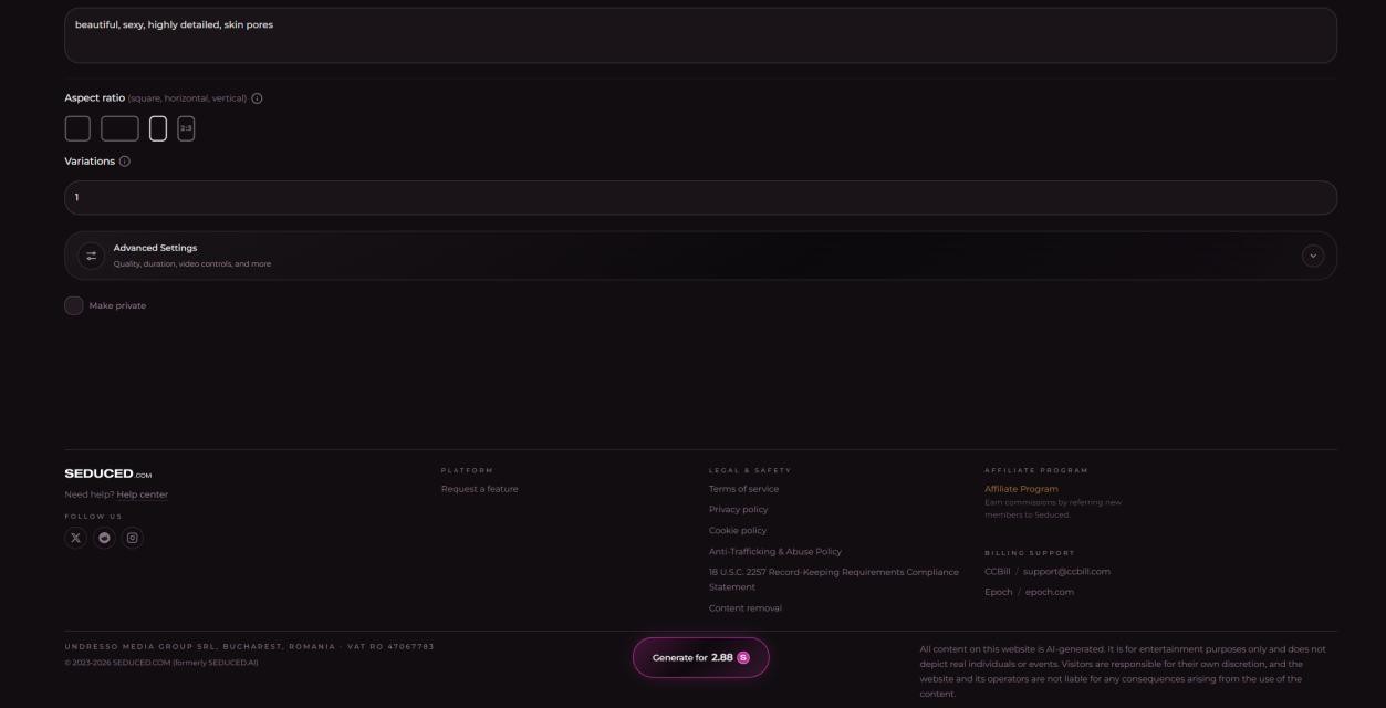 Seduced AI prompt bar showing a 'Generate for 2.88 credits' button