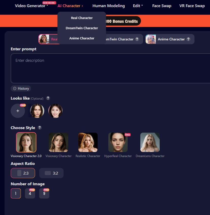 SoulGen AI Character tool showing Real Character, DreamTwin Character and Anime Character tabs, a prompt box, Looks Like reference faces and five realistic style models