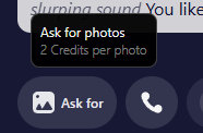 Soul Chat "Ask for photos" button tooltip showing a price of 2 credits per photo