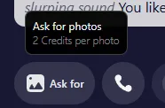 Mensaje emergente del botón "Ask for photos" de Soul Chat que muestra el precio: 2 créditos por foto