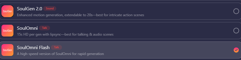 SoulGen video engine selector: SoulGen 2.0 (Sound, extendable to 20s), SoulOmni (Talk, 15s HD with lipsync) and SoulOmni Flash (Talk, high-speed version)