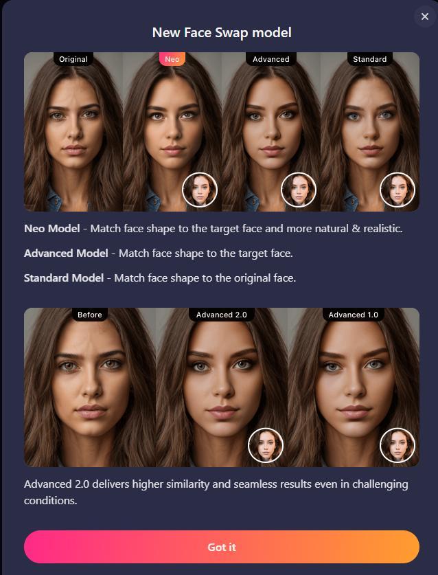 SoulGen New Face Swap model announcement comparing Neo, Advanced and Standard face swap models