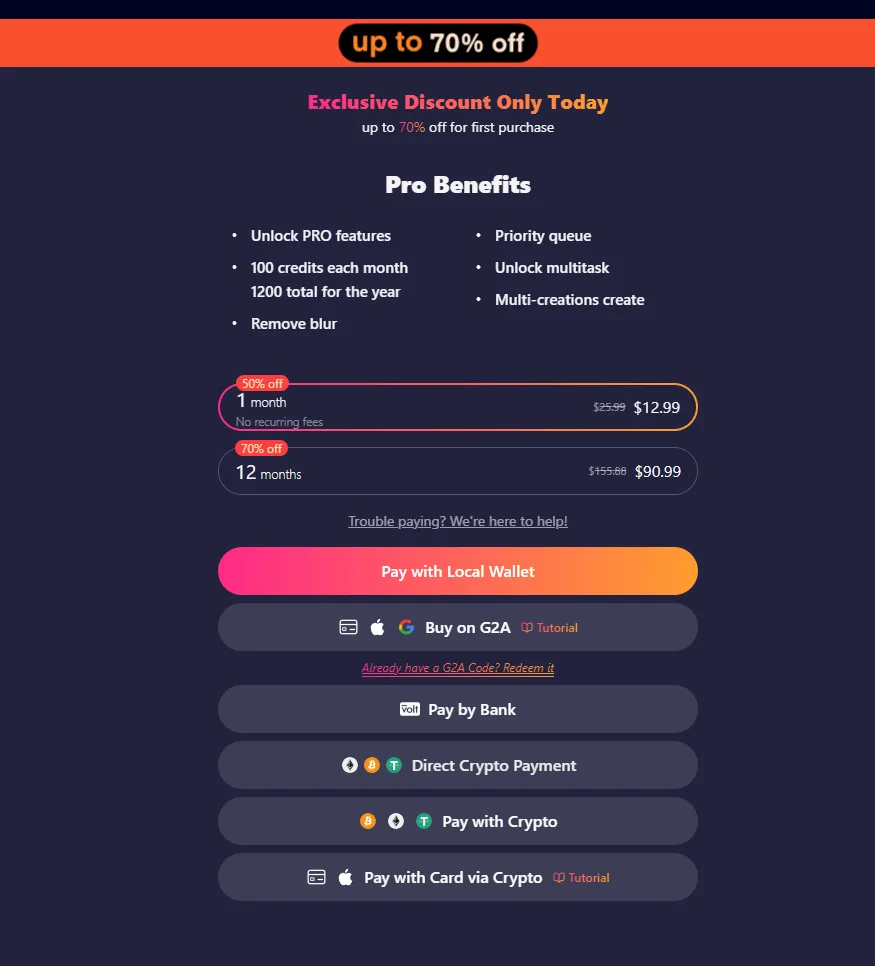 Pantalla de pago de SoulGen con planes Pro a $12.99/mes y $90.99/año y opciones de pago: Local Wallet, G2A, Pay by Bank y tres métodos con cripto - sin pago directo con tarjeta