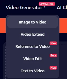 Desplegable de Video Generator en SoulGen: Image to Video, Video Extend, Reference to Video, Video Edit (beta) y Text to Video