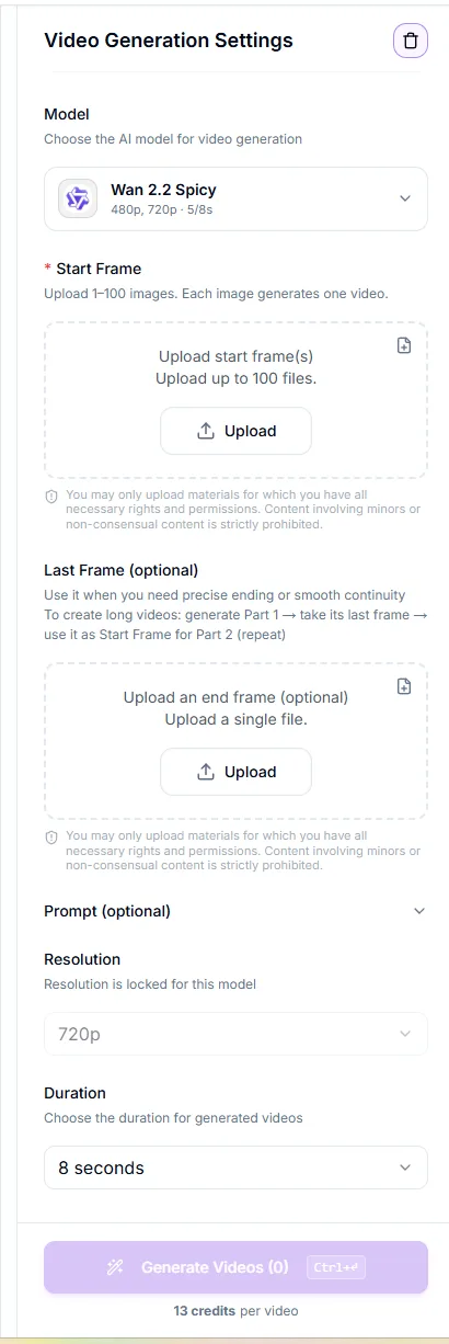 Einstellungen der ZenCreator-Videogenerierung: Wan 2.2 Spicy-Engine (480p/720p, 5-8s), Start-Frame-Uploader für bis zu 100 Bilder, optionaler Slot für ein letztes Frame, feste 720p-Auflösung, 8 Sekunden Dauer und Kosten von 13 Credits pro Video